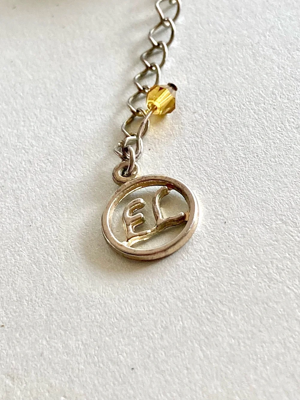 Gold and silver tone Chain Necklace with Light Green Beads signed EL